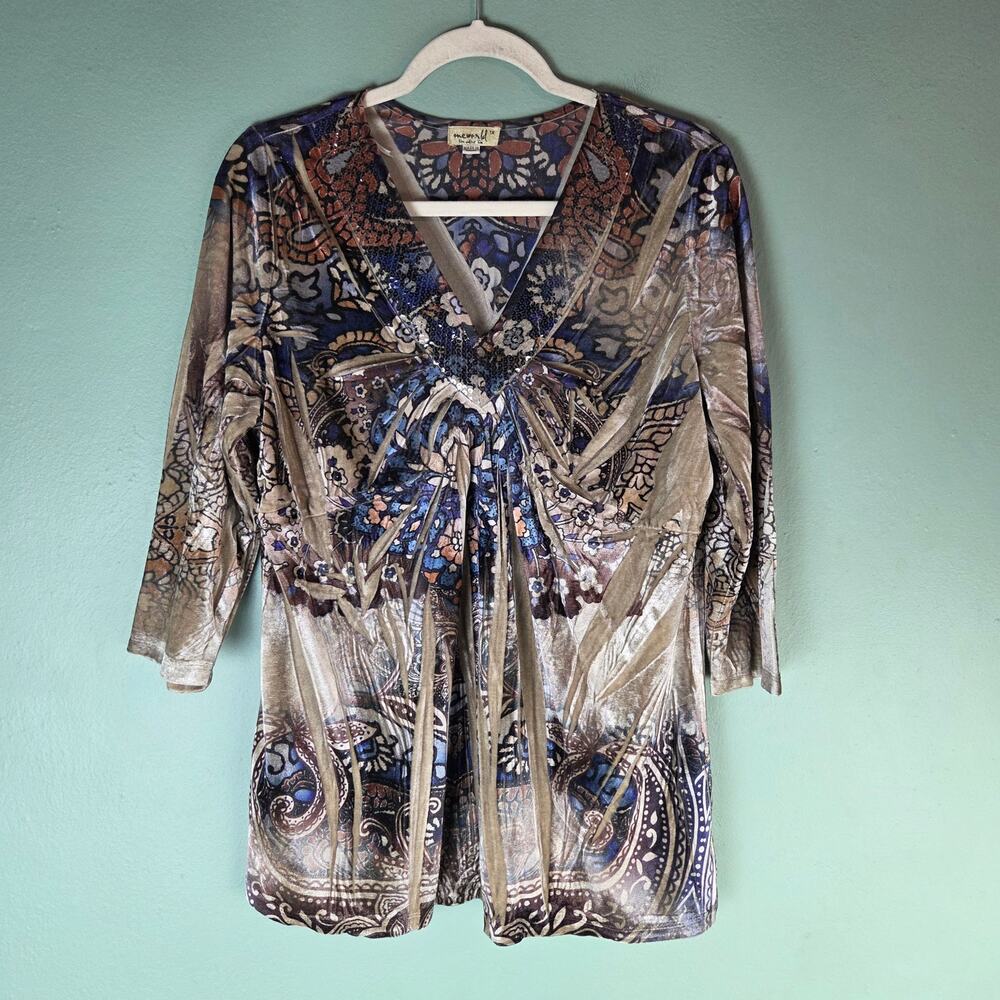 One World Y2K Womens 1X Babydoll Top Tan Sequin VNeck Velour Fairy Boho